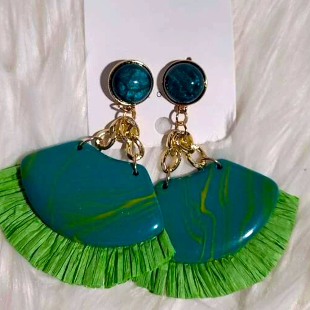 NWT Boutique Island Goddess Raffia Fringe Teal Green Acrylic Boutique Earrings